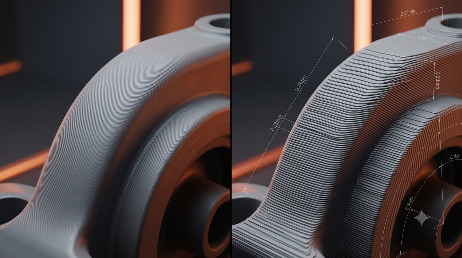 Ilustração comparativa de duas peças de impressão 3D, evidenciando a diferença de acabamento e textura entre uma peça com camadas grossas e outra com camadas finas.
