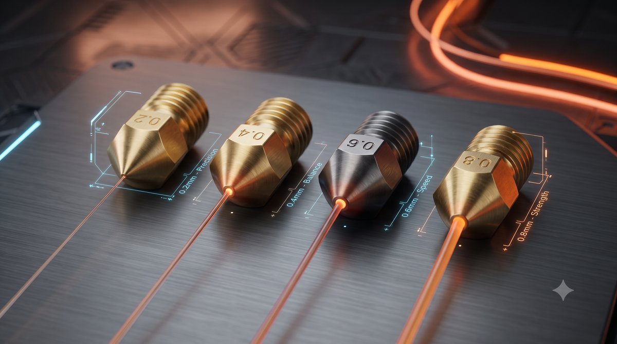 Quatro bicos de latão para impressora 3D de diferentes diâmetros, de 0.2mm a 0.8mm, posicionados lado a lado com foco em suas saídas de filamento.