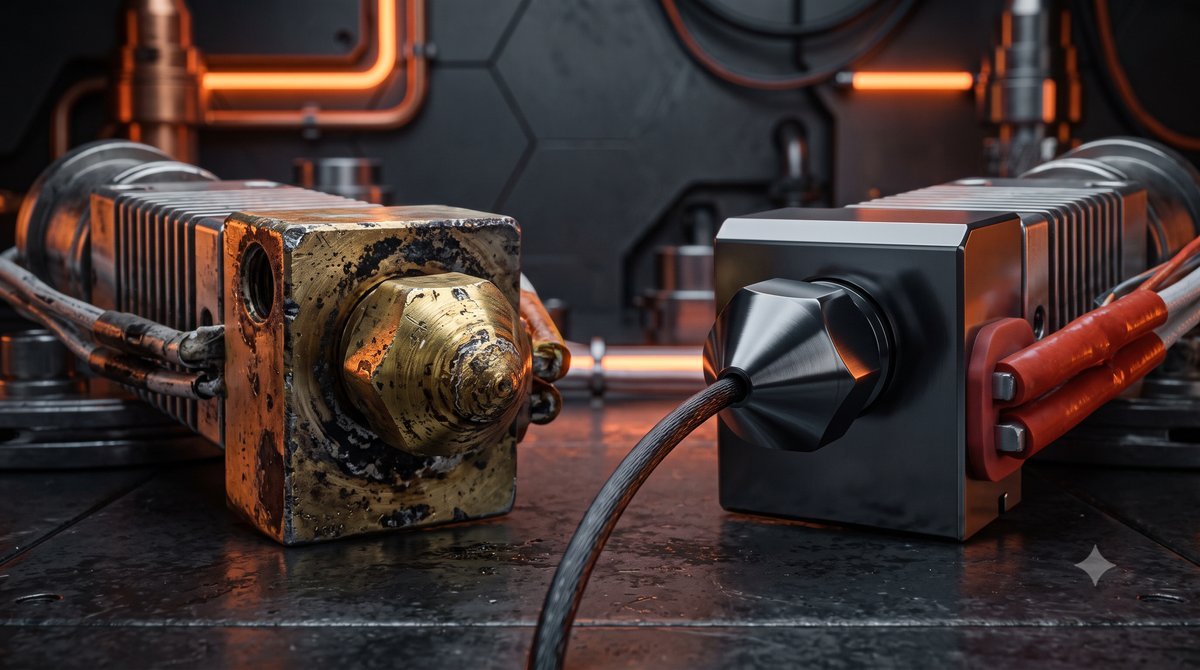 Três bicos de extrusora para impressora 3D alinhados lado a lado: um de latão dourado, um de aço inoxidável prateado e um de aço endurecido escuro.