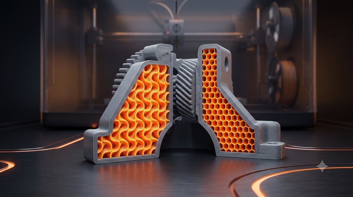 Modelo tridimensional de uma peça cortada ao meio durante a impressão 3D, revelando a estrutura interna com preenchimento em formato de colmeia e giroscópio.
