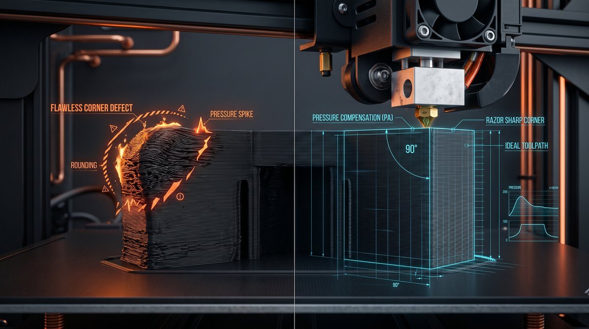 Impressora 3D em funcionamento detalhando o bico extrusor aplicando filamento com precisão em um canto reto.