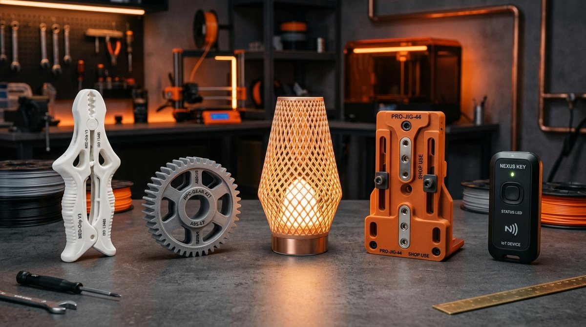 Impressora 3D em funcionamento produzindo peças detalhadas de polímero colorido em um ambiente de oficina moderna.