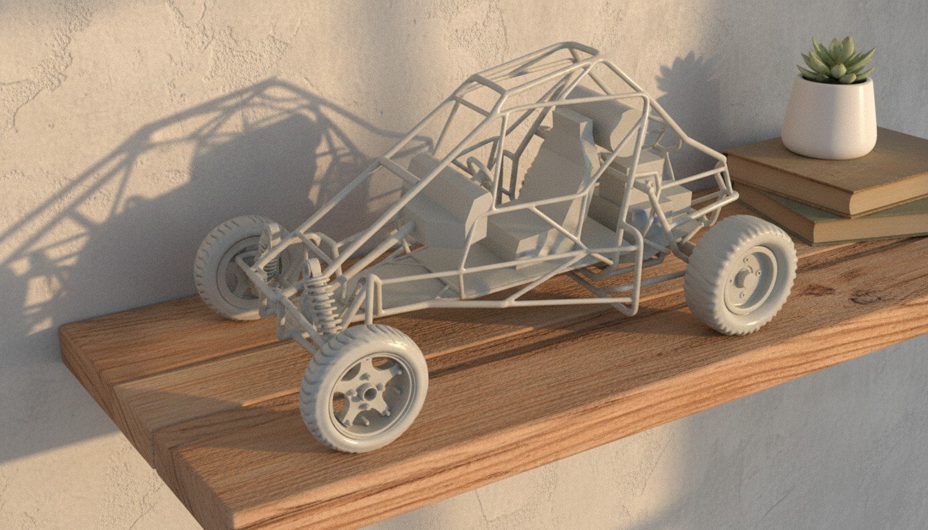 Miniatura buggy off-road 3D na cor azul-claro com chassi tubular detalhado, pneus e suspensão, peça impressa em 3D sobre superfície escura reflexiva.