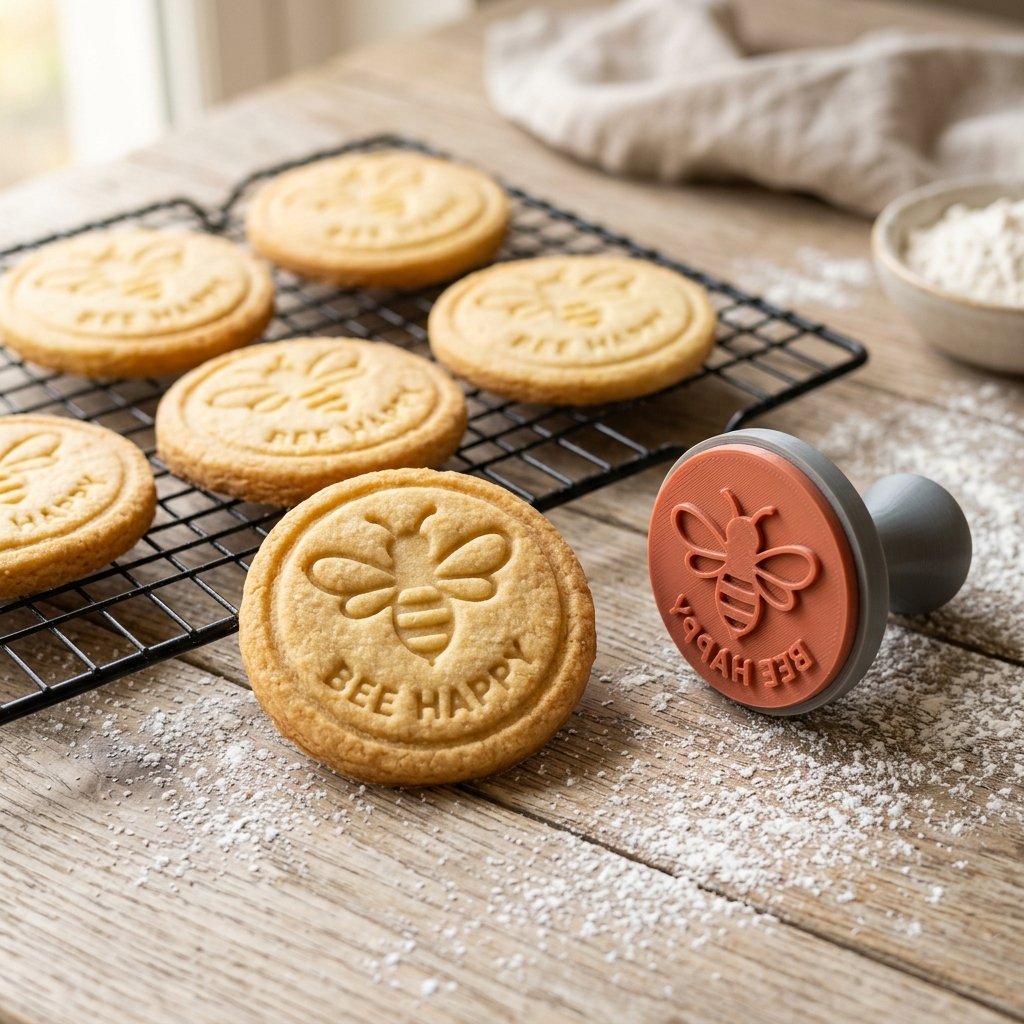 Biscoitos assados crocantes com estampa em relevo nítido de abelha ao lado da ferramenta de carimbo 3D com pegador ergonômico