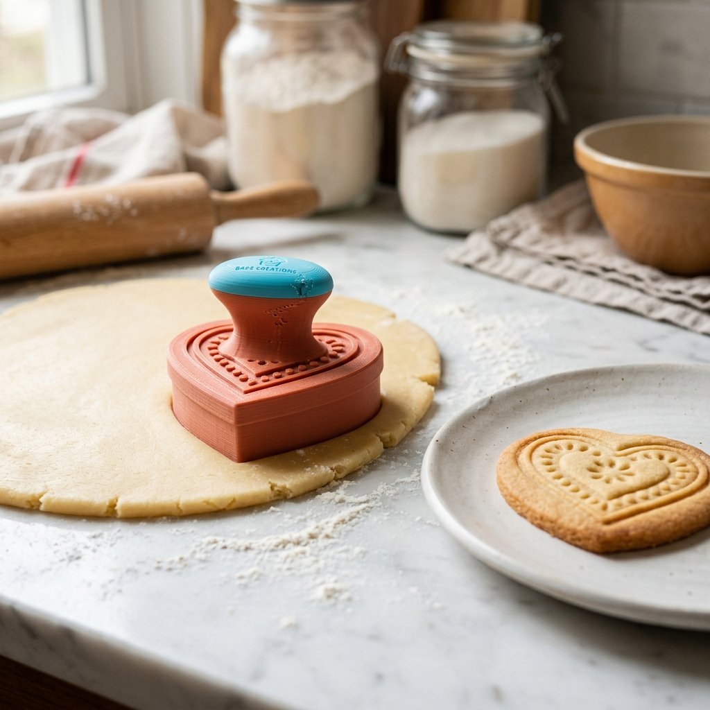 Cortador de biscoito impresso em 3D cortando massa amanteigada fresca sobre bancada enfarinhada com cookie assado ao lado