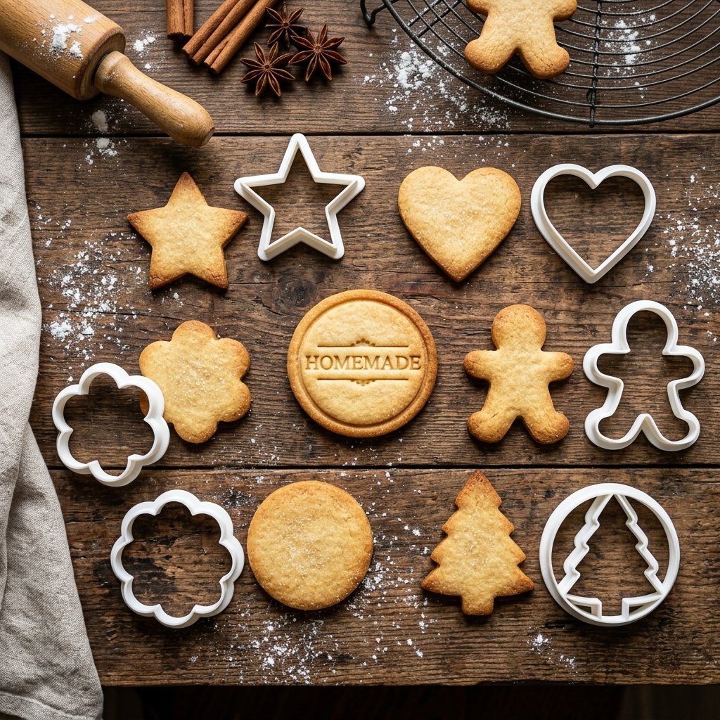 Cortadores brancos impressos em 3D ao lado de cookies crocantes assados e dourados com relevo