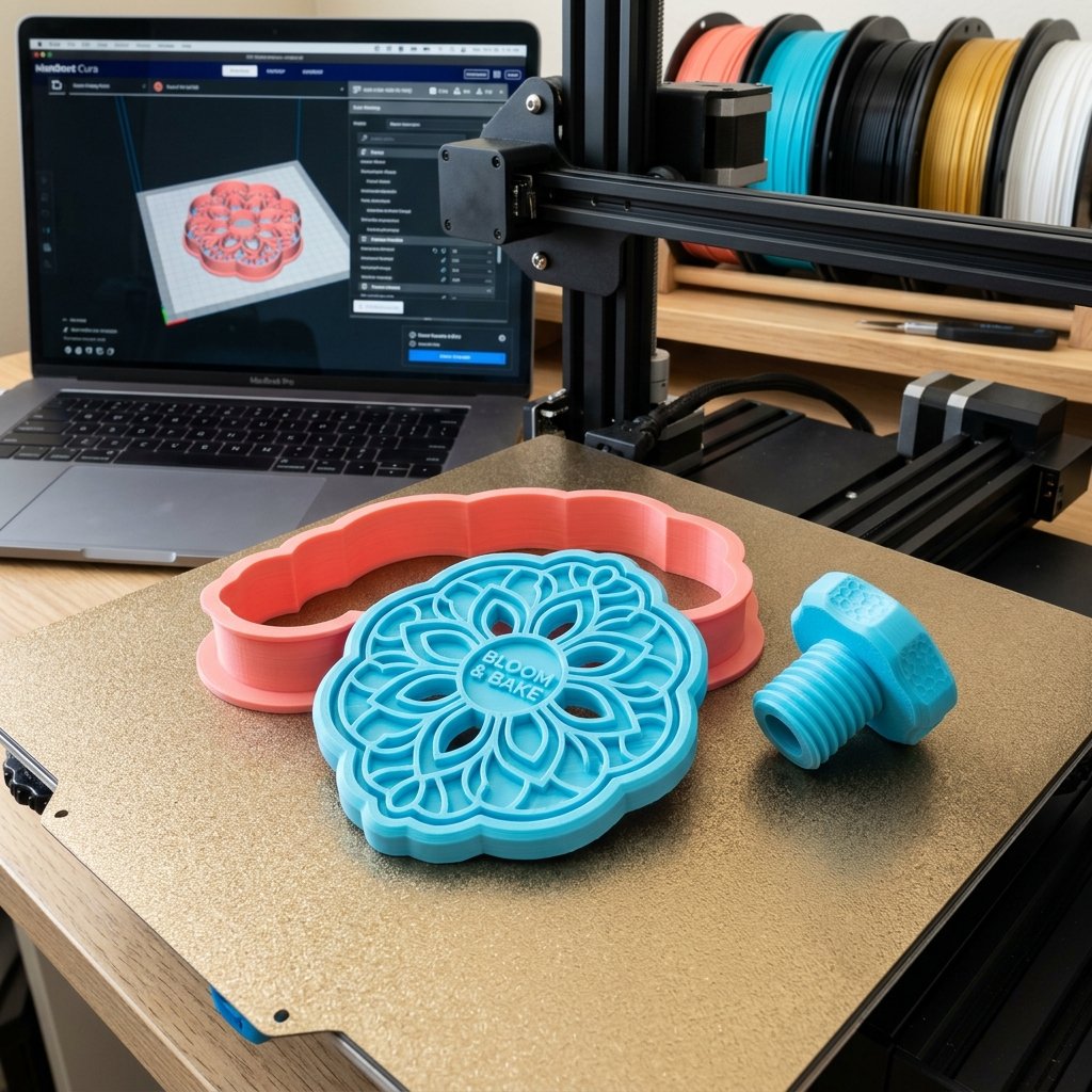 Kit cortador, carimbo e pegador impressos em 3D sobre a chapa PEI dourada da impressora prontos para uso