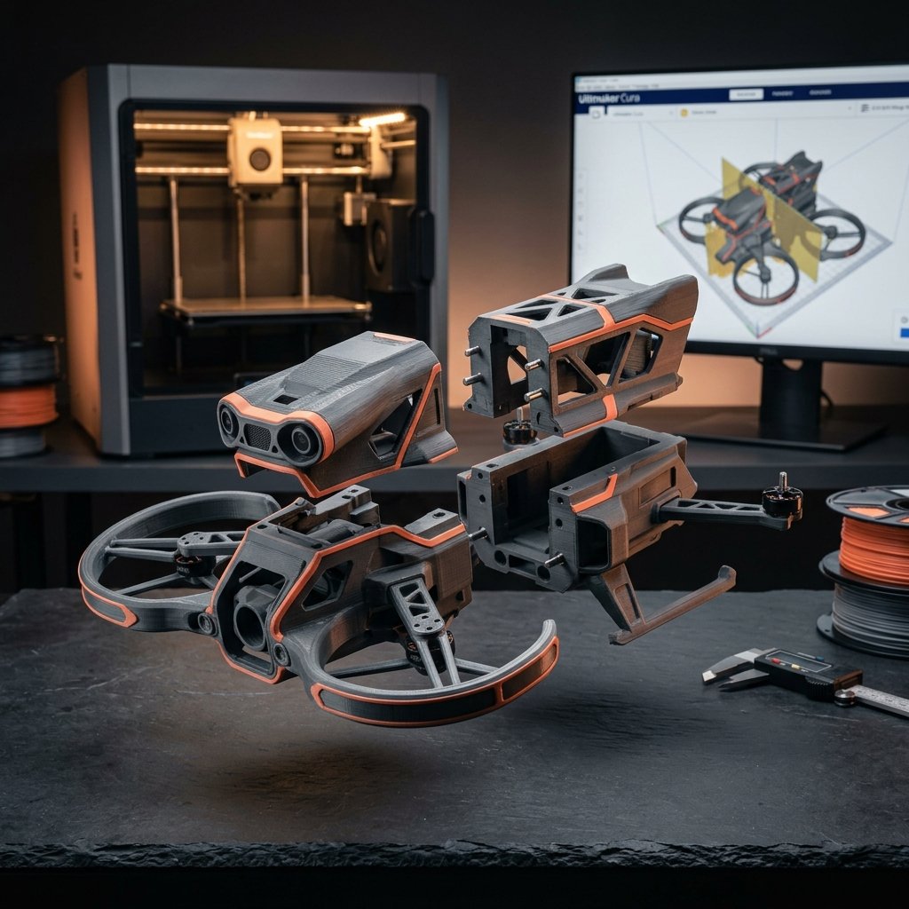Modelo 3D dividido automaticamente em quatro peças com pinos de encaixe prontas para a mesa da impressora