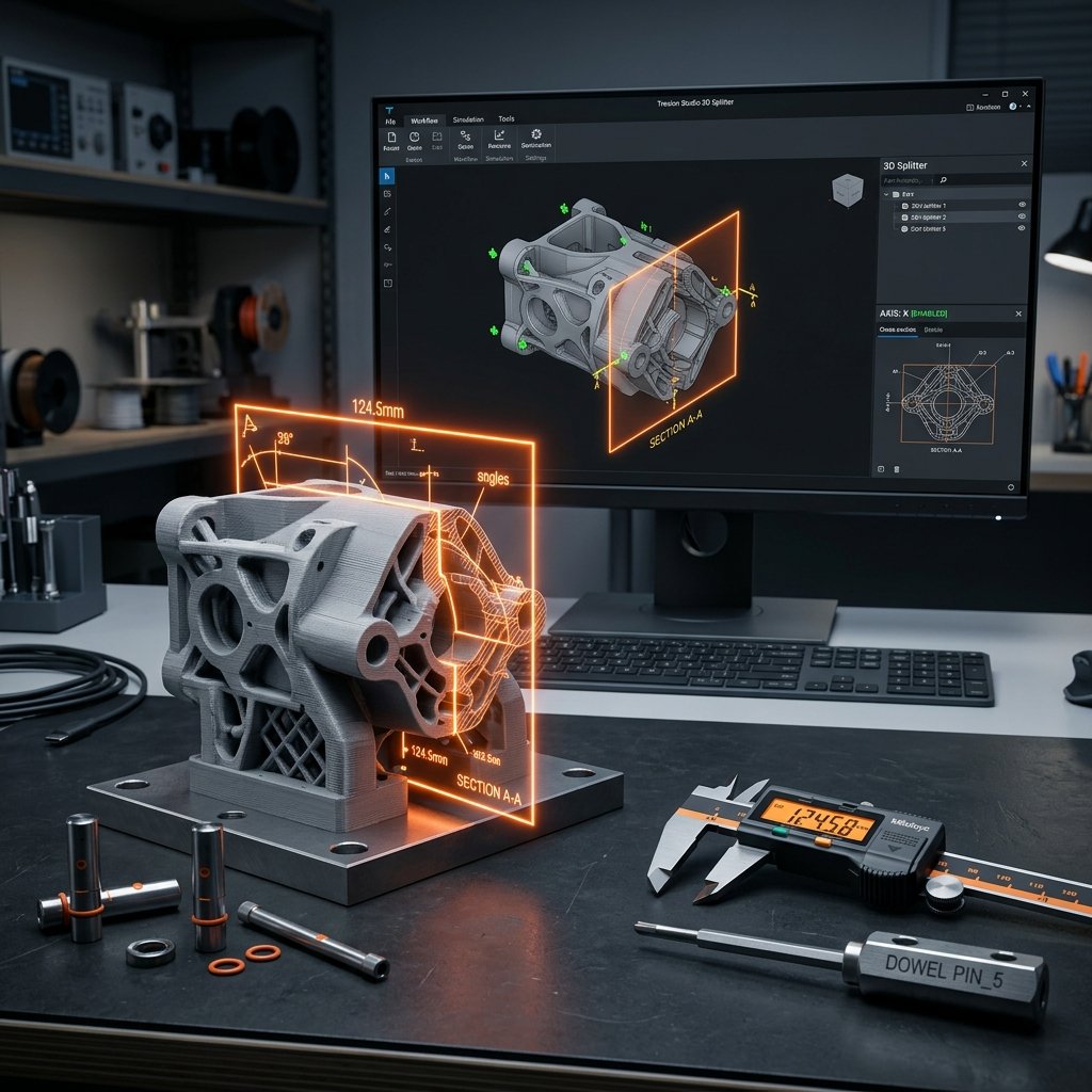 Plano de corte interativo sobre modelo 3D com contorno da seção e posição dos pinos destacados