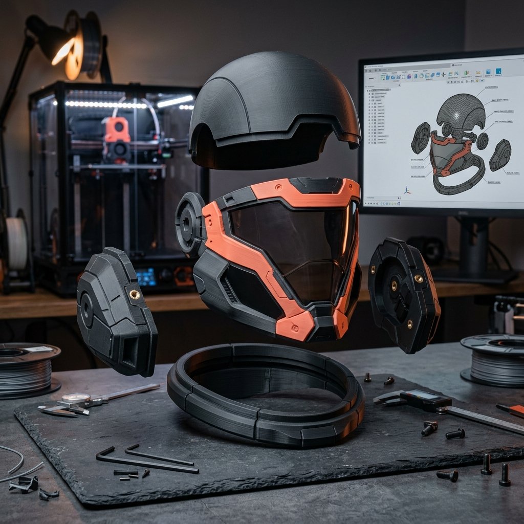 Capacete de cosplay modular dividido em múltiplas peças STL impressas em 3D