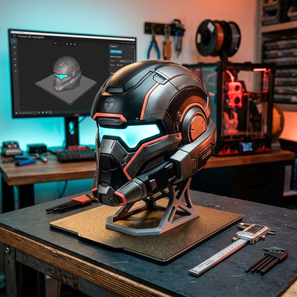 Capacete de cosplay impresso em 3D na escala exata 1:1 com porcentagem pronta para o fatiador
