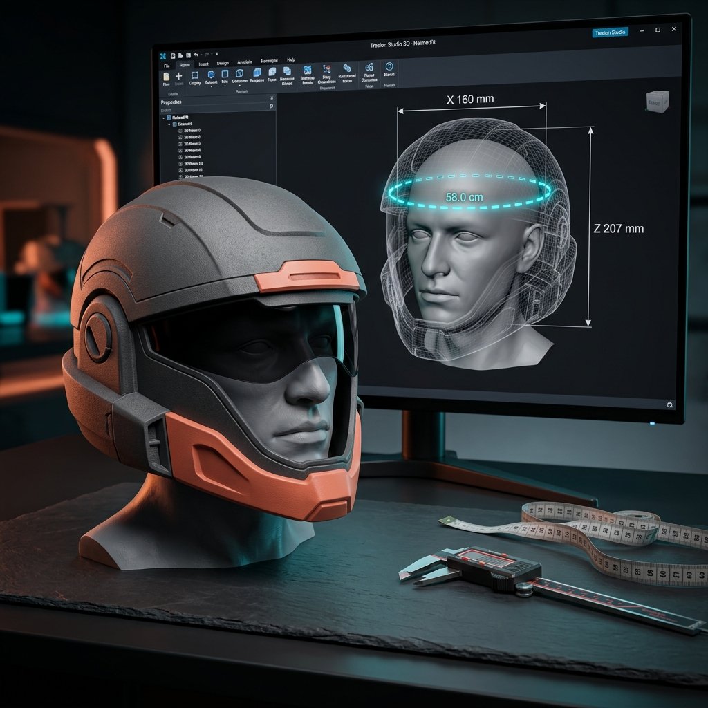 Capacete de cosplay em modo Raio-X sobre busto 3D com anel de circunferência craniana