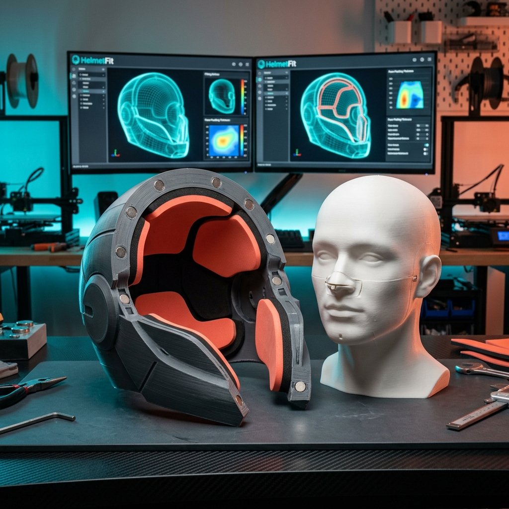 Corte seccional de capacete impresso em 3D com forro de espuma EVA de 8mm e busto de referência