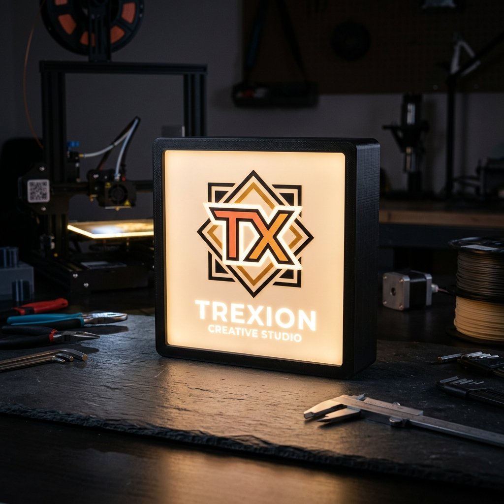 Caixa de luz LED Lightbox 3D totalmente acesa no escuro com logo multicor e difusão homogênea