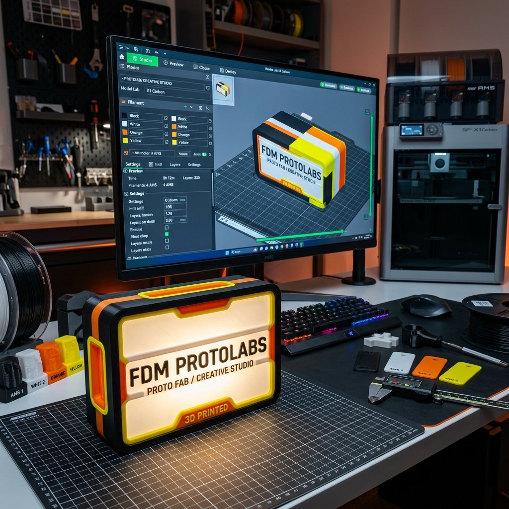 Modelo 3D físico multicor ao lado do monitor exibindo o software fatiado em 4 cores para o AMS