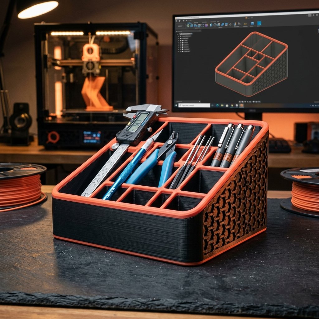 Porta-canetas e organizador de bancada maker com topo inclinado e textura colmeia hexagonal