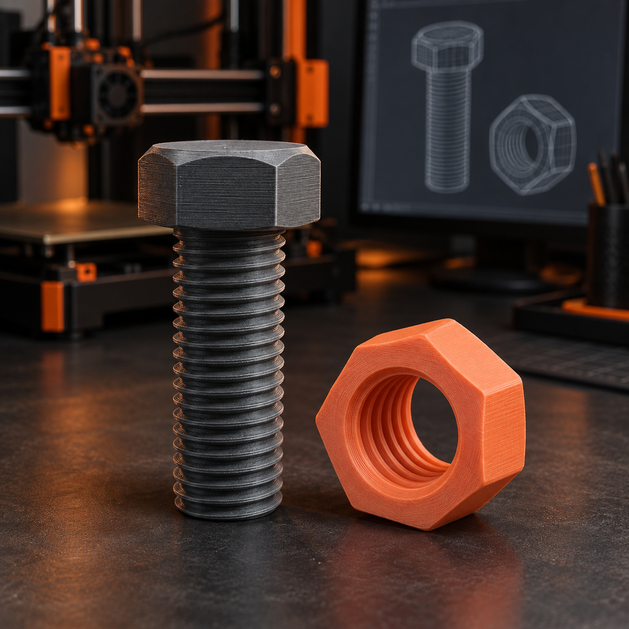 Parafuso e porca impressos em 3D com roscas paramétricas